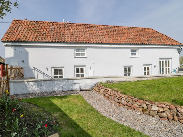 An exterior view of a white house with a tiled roof a garden with grass flowers a stone wall and a gravel path at Avonside Cottage in Pill Somerset