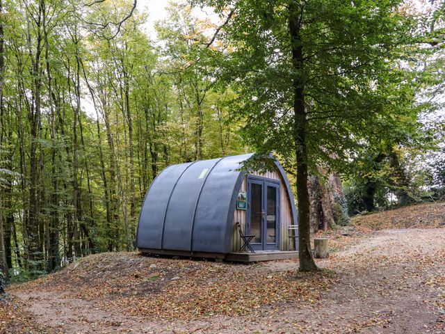 A small pod cabin with curved roof and glass door in a wooded area at Ballybeg Pod 2 Ballybeg near Tinahely County Wicklow