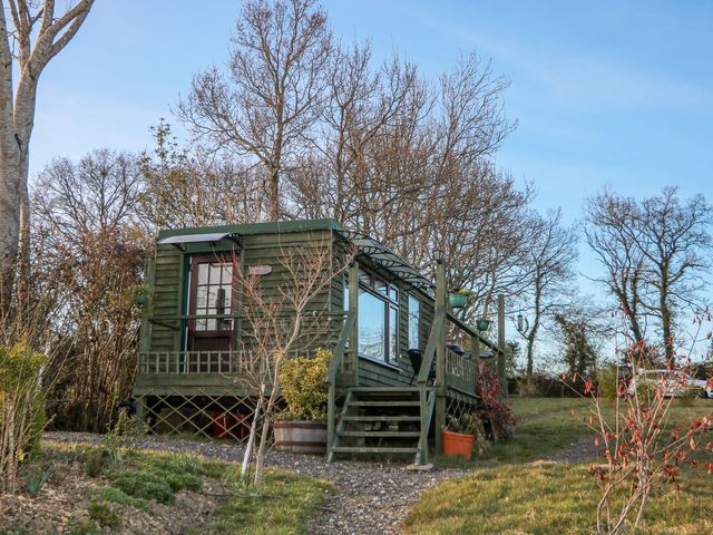 A small green wooden cabin on a raised platform with stairs and plants around at Tench Hut Hadlow Down near Crowborough