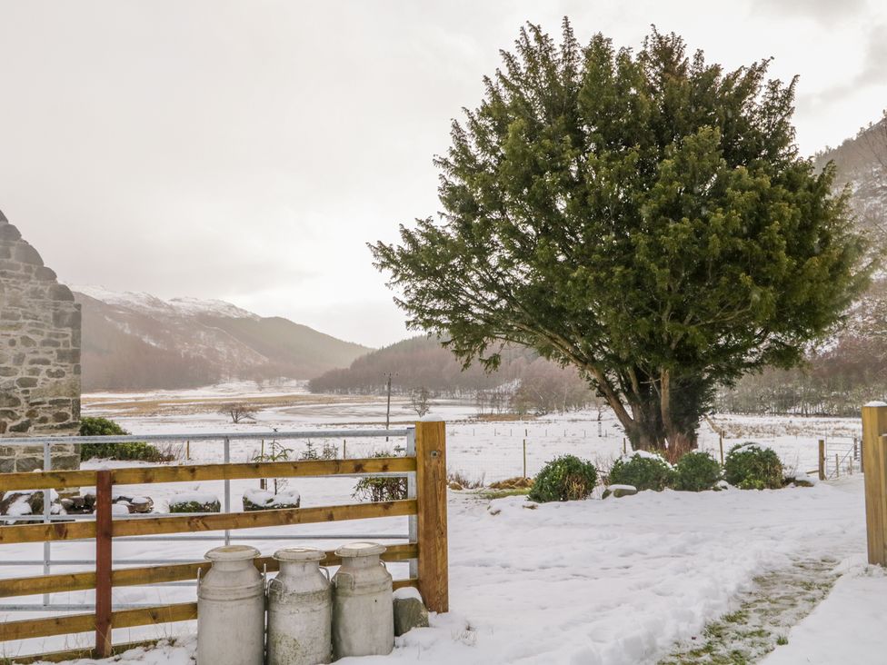 A snowy outdoor scene with a large tree a wooden fence and three metal milk cans near a stone building at The Old Mill in Cannich