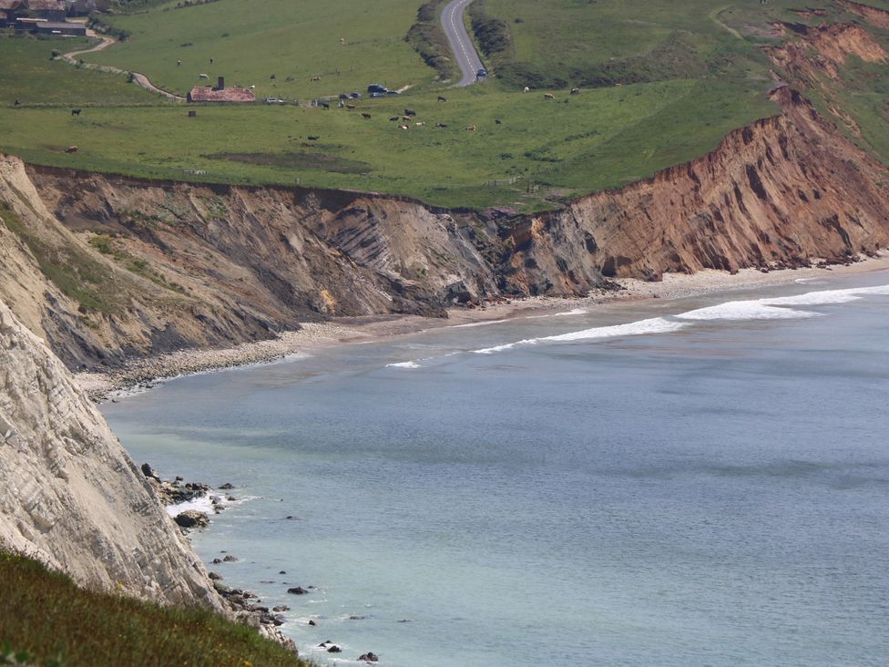 A coastline with cliffs and waves hitting the shore with grassy fields and a road above the cliffs at The Granary Hill Farm near Freshwater