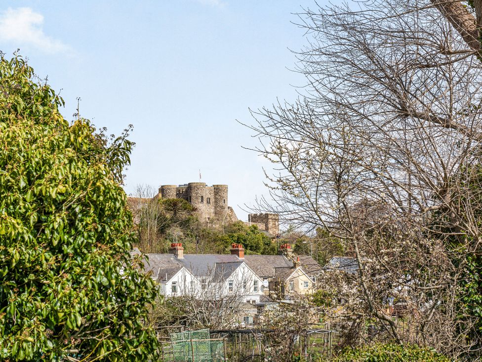 A view of a stone castle on a hill with houses and trees in the foreground at 16 The Boathouse in Rye