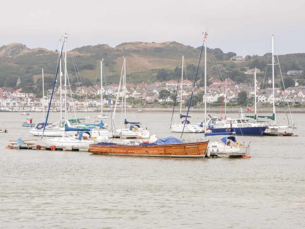 A harbor with sailboats and houses on hills in the background at Cwtch Cottage in Deganwy near Llandudno