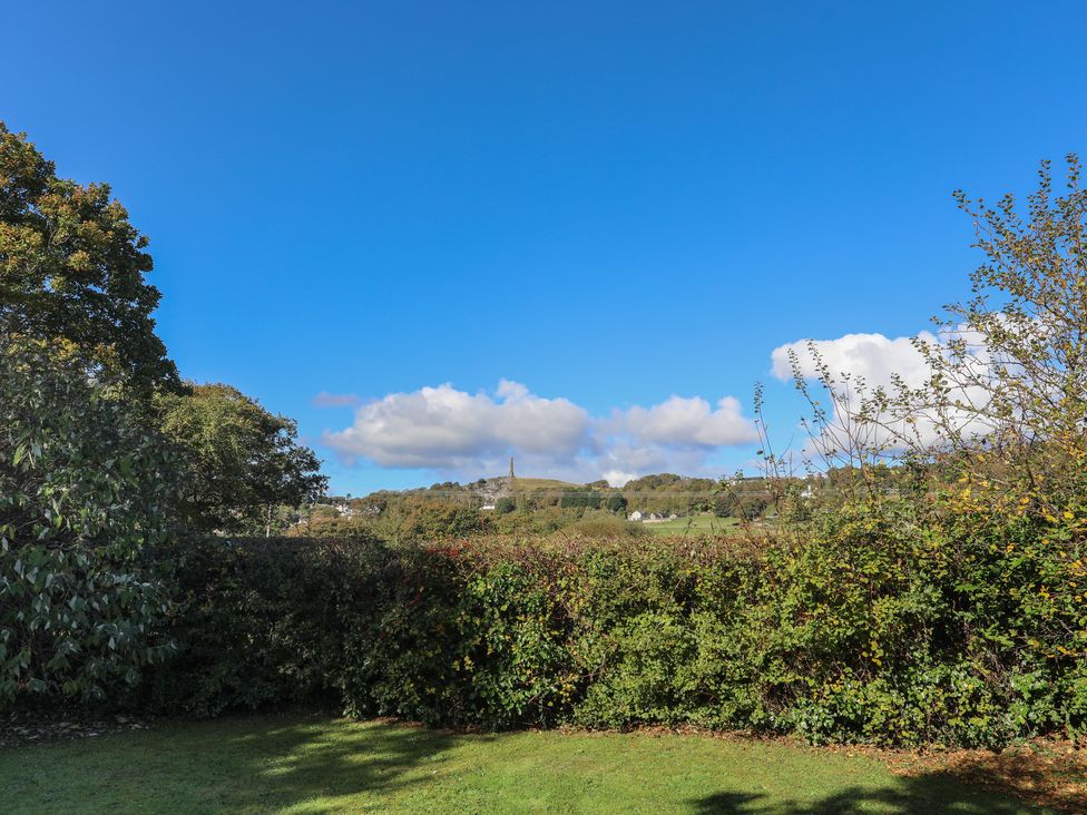 A view of bushes and trees with a hill and monument in the distance under a blue sky at Pabo Lodge in Llandudno Junction near Llandudno