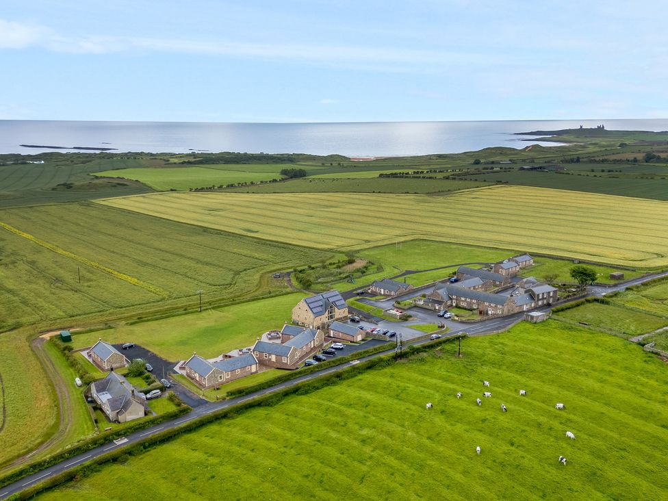 An aerial view of farm buildings and fields with cows near the coast in Embleton
